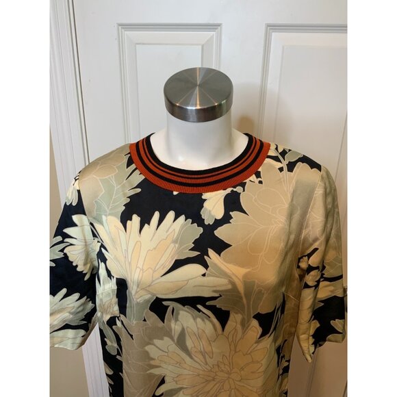 Dries Van Noten Black Tan Floral Short Sleeve Shift Dress, Size 8 | 40 - Picture 2 of 6